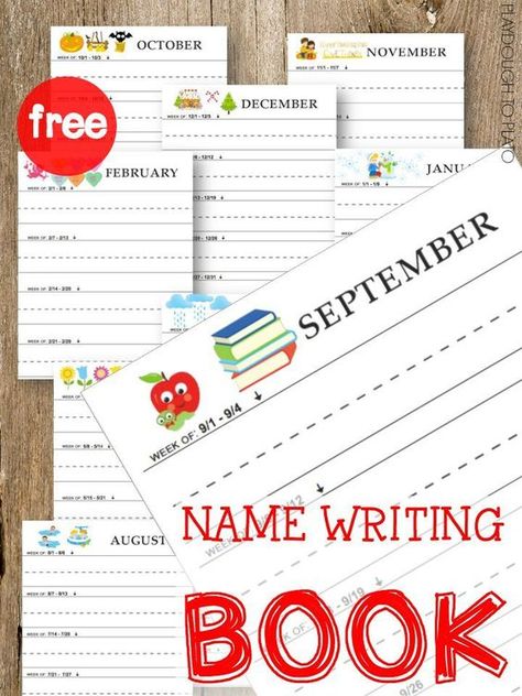 FREE Name writing book. Such an easy way to track kids' progress. This would be an adorable keepsake too! Pre K Handwriting Practice, Name Writing Activities, Name Writing Practice, Playdough To Plato, Preschool Names, Name Practice, Writing Book, Name Activities, Preschool Writing