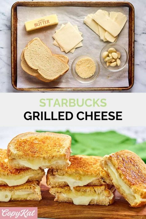 Indulge in the irresistible goodness of Starbucks Grilled Cheese Sandwich! Made with a perfect blend of sourdough bread, gooey mozzarella, and rich white cheddar cheese on the inside, and a savory butter garlic parmesan crust on the outside. This is comfort food at its finest. Get the easy copycat recipe to make the best homemade grilled cheese sandwich at home. Starbucks Sourdough Grilled Cheese, Starbucks Grilled Cheese Copycat, Sourdough Grilled Cheese Sandwiches, Starbucks Grilled Cheese, Starbucks Sandwiches, Grilled Cheese Hot Dog, Savory Butter, Crispy Grilled Cheese, Homemade Grilled Cheese