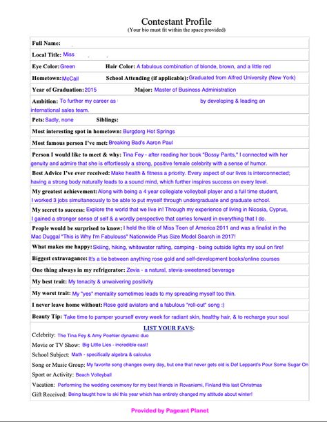 Pageant Paperwork & Resume (Examples, Templates and Tips) - Pageant Planet Pageant Bio Examples, Pageant Tips For Beginners, Pageant Resume, Pageant Talent Ideas, Pageant Themes, Pageant Director, Feminine Etiquette, Pageant Quotes, Motto Ideas