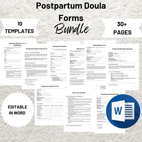 Lot de formulaires post-partum Doula - Modifiables et imprimables dans Word Ce lot de formulaires pour doulas post-partum est un ensemble complet de formulaires conçus par des professionnels, modifiables et imprimables, conçus pour aider les doulas post-partum à fournir des soins de premier plan à leurs clientes. Que vous soyez une nouvelle doula post-partum ou que vous cherchiez à rationaliser votre entreprise, cet ensemble vous fera gagner du temps, améliorera votre professionnalisme et garantira que toutes les formalités administratives essentielles sont en place. Formulaires inclus : Contrat post-partum Doula : décrivez clairement les conditions de vos services, vos attentes et vos responsabilités client dans ce contrat complet. Formulaire d'admission post-partum Doula : Rassemblez les