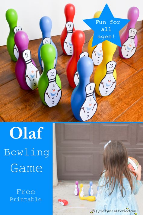 Free Printable: Olaf Bowling Game - Disney Gross Motor Activities, Olaf Party, Frozen Crafts, Slumber Party Games, Bowling Games, Holiday Party Games, Winter Activities For Kids, Turtle Birthday, Printables For Kids