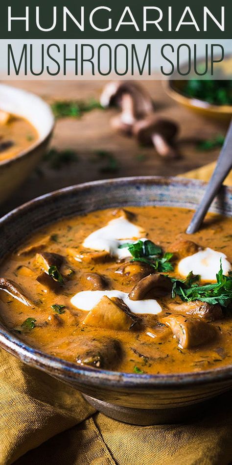 HUNGARIAN MUSHROOM SOUP is a rustic, comforting dish using paprika, soy sauce, and sour cream for an earthy, simple mushroom soup recipe you'll love! #SundaySupper #souprecipe #easyrecipe #soup #Hungarianrecipe #easydinner #dinners Rustic Mushroom Soup, Paprika Soup Recipe, Asian Soups And Stews, Hungarian Mushroom Soup Recipe, Easy Hot Meals, Cream Of Mushroom Soup Recipes, Best Soup Recipes Ever, Sopas Light, Rustic Soup