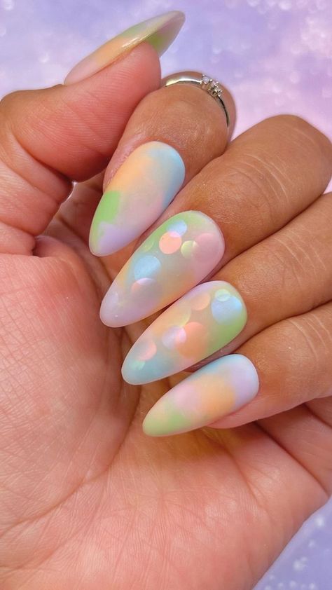 Pastel chrome bubble nails 🫧✨ Do you want to see more chrome nail art? Save & share for more nail tutorials 💖✨💅 Featuring @daily_Charme 🌈 Rainbow Jelly Collection 💫 “Ruby,” “Sapphire” & “Emerald” Stardust Chrome 🌟 Chrome Effect Gel 💎 Diamond Shine Top Coat 🫧 Velvet Matte Top Coat #bubblenails #chromenails #pastelnails #mattenails #summernails #nailtrends #colorfulnails #nailtutorial #almondnails #gelpolish | Daily Charme | Kensun · Fairy Dust Bubble Chrome Nails, Chrome Bubble Nails, Bubble Nail Art, Bubble Nails, Rainbow Jelly, Chrome Nail Art, Chrome Effect, Matte Top Coat, Chrome Nail