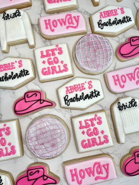 Nashville Bachelorette Cookies Decorated, Last Rodeo Bachelorette Party Cookies, Last Rodeo Bachelorette Cookies, Disco Cowgirl Bachelorette Cookies, Cowgirl Bachelorette Cookies, Nashville Bachelorette Cookies, Last Rodeo Cookies, Bach Cookies, Bachelorette Sugar Cookies