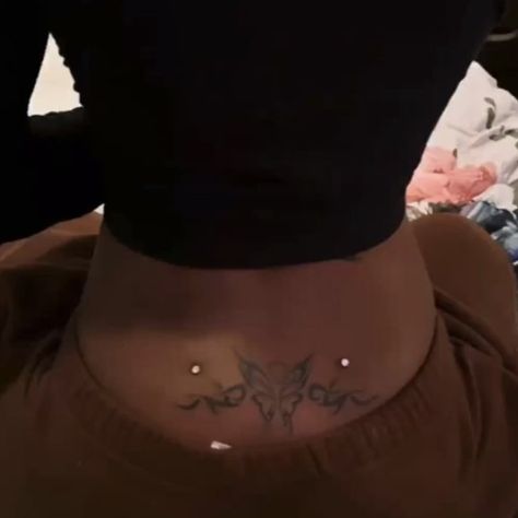 Lower Back Tattoos With Dermal Piercing, Tattoo And Piercings, Back Dermals And Tramp Stamp, Tramp Stamp Black Women Tattoos, Back Dimple Piercing With Tattoo, Black Women Tramp Stamp, Baddie Piercings, Lower Back Dimple Percinings, Back Dimple Piercings