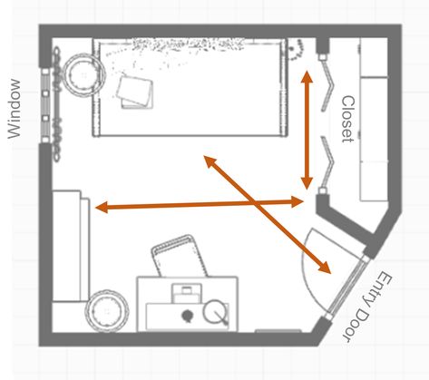 3 Amazing Ways to Layout a 9’ x 10’ Bedroom with an Angled Wall and a Bumped-in Closet Pentagon Bedroom Layout, 5 Wall Bedroom Layout, Uneven Bedroom Layout, 10x20 Bedroom Layout, Triangle Bedroom Layout, Triangle Room Layout, Angled Wall Bedroom, 9x10 Bedroom Layout, 10x10 Office Layout