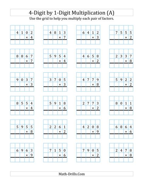 The 4-Digit by 1-Digit Multiplication with Grid Support (A) Math Worksheet 4 Digit Multiplication Worksheets, 4 Digit By 1 Digit Multiplication, Listening Skills Worksheets, Reflection Math, Translations Math, Printable Multiplication Worksheets, Math Multiplication Worksheets, Math Drills, 4th Grade Math Worksheets