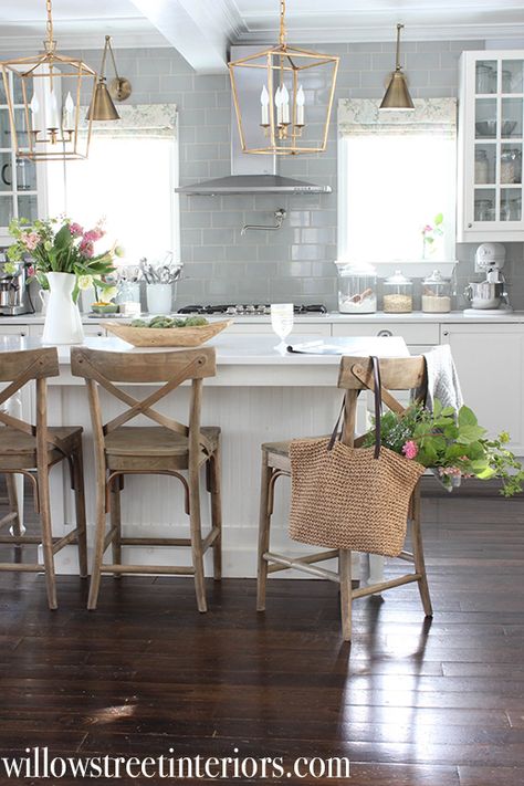 A Simple, Spring Home Tour Kitchen Island With Legs, Modern Farmhouse Kitchen Island, White Tile Kitchen Backsplash, Light Grey Kitchens, Coastal Farmhouse Style, Grey Kitchen Island, White Tile Backsplash, Kitchen Island Table, Farmhouse Kitchen Island