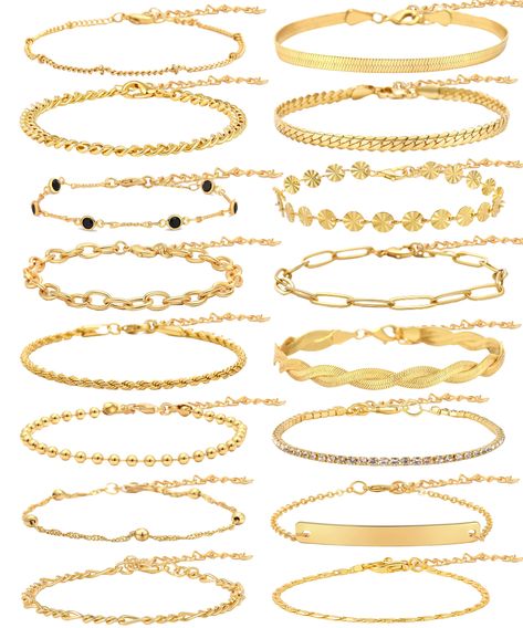 PRICES MAY VARY. 【Gold Chain Bracelets Set】You will receive 16 PCS gold chain bracelets,including beaded bracelet,flat snake chain bracelet,paperclip chain bracelets,rope bracelet and other different fashionable chain bracelet. These gold bracelets are suitable for layering as well as being worn alone. A variety of combinations not only provide more choices for your daily wear, but also make you more charming. 【Hypoallergenic Material】This gold link bracelets set is made of high-quality copper. Layering Gold Jewelry, Stacking Bracelets Gold, Layered Gold Bracelets, Bracelet Ideas Gold, Bracelets Gold Simple For Women, Birthdays Wishes, Everyday Bracelets, Birthday Wish List, Gold Layered Bracelets