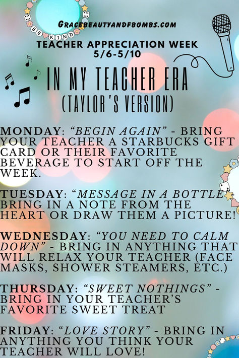 #teacherappreciationweek, #teacherappreciation, #teacherappreciationweekideas, #inmyteacherera, #erastour #teachergiftideas, #PTO #PTA, #PTAideas, #PTOideas, #staffgiftideas, #gracebeautyandfbombs #teachergifts, #staffappreciation #inmyteachereratheme #taylorswift, #teacherera, Eras Teacher Appreciation Week, Teacher Appreciation Week Theme, Teacher Appreciation Week Ideas, Appreciation Week Ideas, Teacher Appreciation Week Themes, Staff Gifts, Staff Appreciation, My Teacher, Teacher Appreciation Week