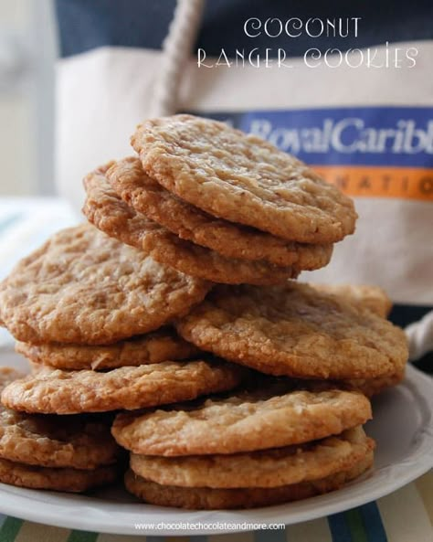 Coconut Ranger Cookies-Just like on Royal Caribbean Cruises-a chewy cookie filled with sweet flaked coconut and toffee bits, watch out, they are addictive! Homestead Breakfast, Harvest Treats, Coconut Toffee, Coconut Dessert Recipes, Ranger Cookies, Coconut Dessert, Toffee Cookies, Cookie Brownie Bars, Toffee Bits