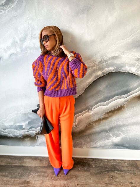 Purple Turtleneck Outfit, Orange And Red Outfit, Purple Orange Outfit, Orange Turtleneck Outfit, Purple And Orange Outfit, Orange And Purple Outfit, Blue And Orange Outfit, Orange And Blue Outfit, Wide Pants Outfit