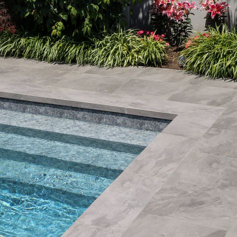 Porcelain Patio, Glass Walkway, Pool Paving, Porcelain Pavers, Pool Pavers, Grey Patio, Pool Landscape, Pool Landscape Design, Concrete Pool