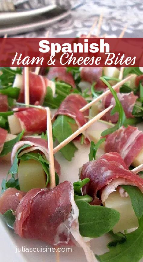 Ham And Cheese Bites, Ham Appetizers, Spanish Ham, Spanish Tapas Recipes, Spanish Appetizers, New Year's Eve Appetizers, Skewer Appetizers, Serrano Ham, Food On Sticks