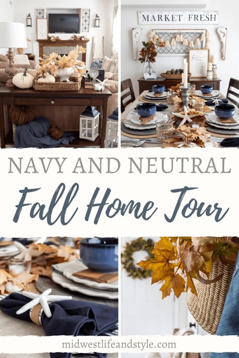 Cape Cod Fall Decor, Hamptons Style Fall Decor, Coastal Farmhouse Fall Decor, Blue Green Fall Decor, Nautical Fall Decorating, New England Fall Decor, Navy Farmhouse Living Room, Fall Decor With Blue Accents, Fall Coastal Decor