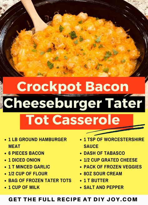 Bacon, cheeseburger, and tater tot. All of your favorites in one dish! Try this recipe now. Cheeseburger Tater Tot Casserole, Bacon Cheeseburger Casserole, Tater Tot Recipes, Slow Cooker Dinner Recipes, Tater Tot Casserole Recipes, Cheeseburger Casserole, Crockpot Casserole, Tater Tot Casserole, Bacon Cheeseburger