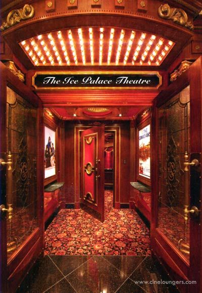 Theater Entrance - The suspense builds as guests enter the First Impressions home theatre from the lobby and “light trap” hall.                                                                          And on the lowest level, the real fun begins. Created by master home-theatre architect and designer Jeffrey Smith, claret walls and gold leafed Corinthian columns turn the downstairs into La Scala. “Actually, the entire theatre is a room within a room,” Smith says. Theater Entrance, Grand Mansion, Florida Interior Design, Homes Of The Rich, Real Estate Blog, Lush Forest, South Florida, Home Theater, Luxury Real Estate