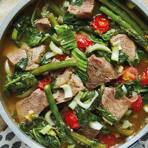 Mum's Philippine Beef Sinigang from Good + Simple by Jasmine and Melissa Hemsley. This Philippine fragrant soup is a great way to use beef. Fresh but hearty, this Sinigang is the perfect, easy introduction to Asian cooking and is quick enough for a midweek meal. Sinigang Recipe Beef, Asian Plates, Filipino Meals, Pilipino Recipe, Sinigang Recipe, Melissa Hemsley, Ramadan Recipe, Philippines Recipes, Filipino Pride