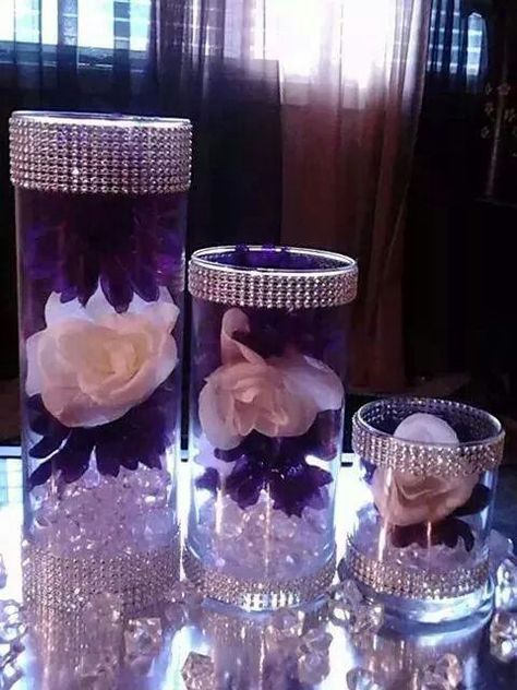 Royal Purple Wedding Centerpieces, Purple And White Centerpieces Diy, Purple And Silver Birthday Party Centerpieces, Purple Birthday Party Centerpieces, Purple And Bling Party, Purple Party Centerpieces, Purple Centerpiece Ideas, 40 Shades Of Purple Party, Purple 60th Birthday Party Ideas