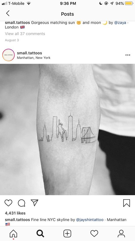 Nyc Skyline Tattoo, Ny Tattoo, Tats Ideas, Skyline Tattoo, Stamp Tattoo, New York Tattoo, Nyc Tattoo, Editing Tricks, City Silhouette