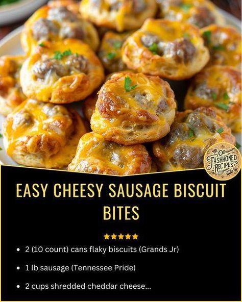 Old fashioned recipes | Easy Cheesy Sausage Biscuit Bites | Facebook Easy Cheesy Sausage Biscuit Bites, Breakfast Sausage Biscuit Bites, Smoked Sausage Bites Appetizer Recipes, Bus Quick Sausage Balls, Sausage Biscuit Bites, Recipes Using Breakfast Sausage, Jimmy Dean Sausage Recipes, Sausage Balls With Cheese Whiz, Grand Biscuit Recipes