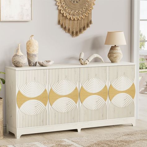 PRICES MAY VARY. [Boho Artistic Fluted Design] Enhance your space with our sideboards' Bohemian-inspired design featuring fluted doors and an antique white finish. This distinctive aesthetic not only adds decorative charm but also brings a touch of retro elegance to your home. The handleless design contributes to its sleek look, making it a standout piece in any room. [70'' Ample Storage Space] Enjoy vast storage capacity with our buffet cabinet's generous dimensions. This credenza boasts 7 regu Boho Credenza, Credenza Storage, Living Room Entryway, Buffet Cabinet, Living Room Cabinets, Living Room White, Accent Cabinet, Sideboard Cabinet, Sideboard Buffet