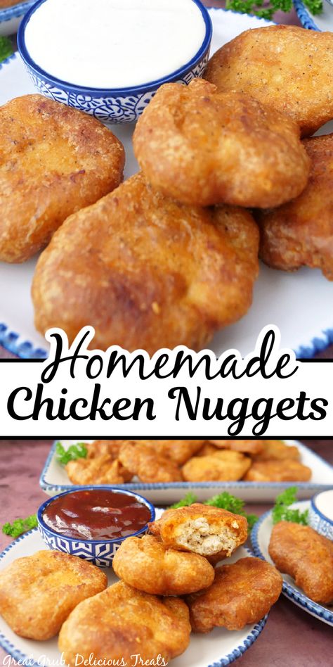 A double collage photo of chicken nuggets that are homemade. Crispy And Delicious Chicken Nuggets At Home, Chicken Nugget Batter Recipe, Air Fryer Recipes Chicken Nuggets, Chicken Nuggets Appetizer, Chicken Nugget Breading Recipe, Tempura Chicken Nuggets, Chicken Nugget Batter, Chicken Nugget Recipes Fried, Air Fry Chicken Nuggets Homemade