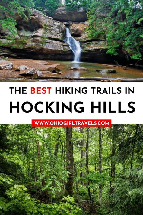 The best hiking trails in Hocking Hills, Ohio for outdoor lovers. Whether you are an outdoor enthusiast or you want to take your dog for a stroll these trails are the best for all levels of experience. Explore amazing gorges, waterfalls, caves, and forests. Visit Hocking Hills State Park, Wayne National Forest, and nature preserves. These hiking trails come with routes, maps, and tips. View some of the most beautiful scenery right here in Hocking Hills, Ohio. Ohio Hiking, Ohio Destinations, Most Beautiful Scenery, Ohio State Parks, Hocking Hills Ohio, Hocking Hills State Park, Ohio Travel, Budget Friendly Travel, Road Trip Routes