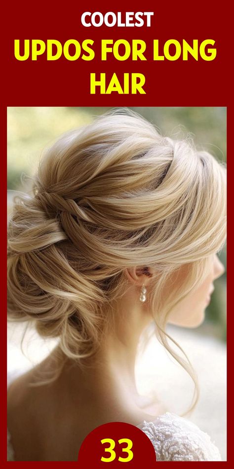 Transform your long hair with 33 gorgeous updo hairstyles that range from casual to glamorous. Master the art of creating intricate braided crowns, elegant low buns, and sophisticated high ponytails. Learn how to incorporate accessories like flowers, pins, and ribbons to add a unique touch to your updos. Discover styles that work for both formal events and everyday wear. Formal Hair Up Styles, Bridesmaid Updo Pony, Low Bun Wedding Hair For Long Hair, Updo Hairstyles With Volume, Bridal Hairstyles High Bun, Wedding Party Hair Updo, Wedding Hairstyles For Long Hair Updo Bridesmaid, Gala Hair Updo, Sophisticated Bun Hairstyles