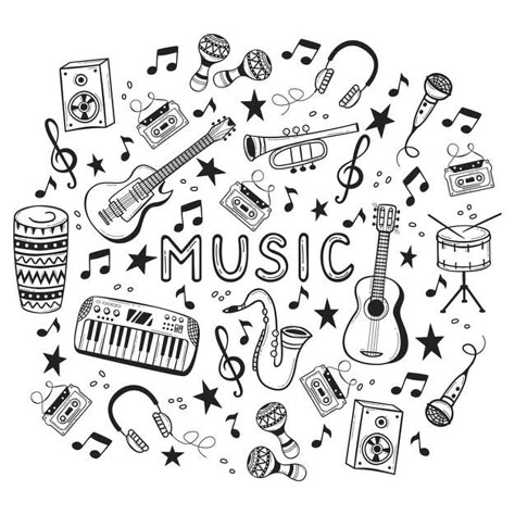 Doodling On Music, Doodle Art Of Music, Doodle Art On Music, Doodles Related To Music, Mandala Art Musical Instruments, Music Cute Drawing, Cute Music Doodles, Microphone Doodle, Music Doodles Aesthetic