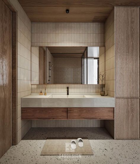 Japanese Inspired Bathroom Modern, Small Japanese Bathroom Ideas, Unique Bathroom Layout, Interesting Tile Patterns, Modern Japanese Aesthetic, Japandi Restroom, Wood Tiles Bathroom, Bathroom No Windows, Modern Bathroom Backsplash