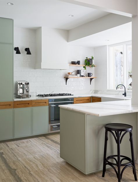 A clean and fresh-looking kitchen remodel with sage kitchen cabinets, Calacatta marble counters, and handmade subway tiles by interior designers Arent & Pyke of Sydney | Remodelista Arent Pyke, Sage Kitchen, Sydney House, Popular Kitchen Designs, Sage Green Kitchen, Modern Kitchen Remodel, Green Kitchen Cabinets, Australian Interior Design, Interior Design Awards