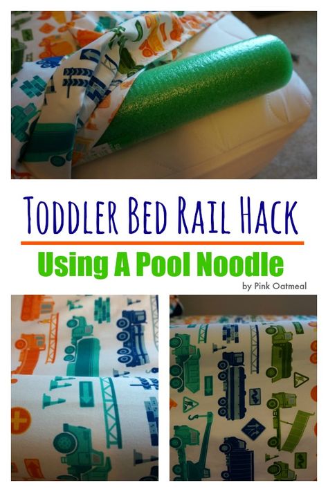 Toddler Bed Rail Hack - Pink Oatmeal Moving Artwork, Toddler Bed Comforter, Toddler Bed Rail, Bed Guard Rails, Diy Toddler Bed, Montessori Infant Room, Bumper Pool, Toddler Bed Sheets, Pool Noodle Crafts