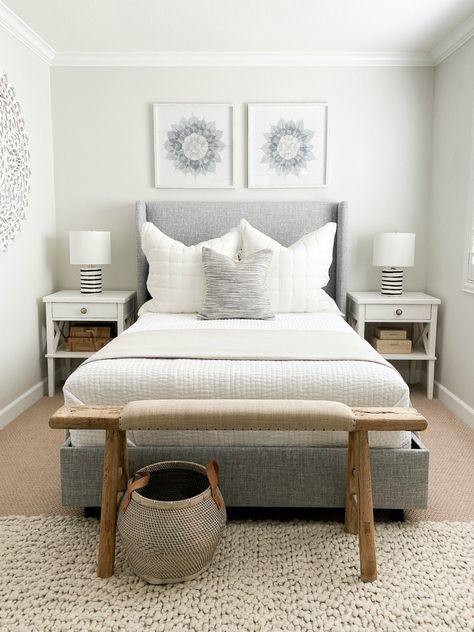 Guess Room, Grey Upholstered Bed, Grey Bed, Guest Bedroom Decor, Annie Selke, Bedroom Refresh, Spare Bedroom, Spare Room, Grey Bedding