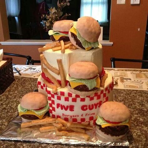 Cake!! Guys Birthday, Five Guy Burgers, 5 Guys, Special Birthday Cakes, Mens Birthday Party, Raspberry Filling, Burger And Fries, Five Guys, Burger Buns