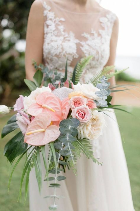 Pastel Blue and Blush Maui Wedding | Hawaii Destination Wedding Pastel Blue Wedding, Hibiscus Wedding, Tropical Flowers Bouquet, Tropical Bridal Bouquet, Tropical Wedding Bouquets, Tropical Weddings, Tropical Bouquet, Wedding Hawaii, Tropical Wedding Flowers