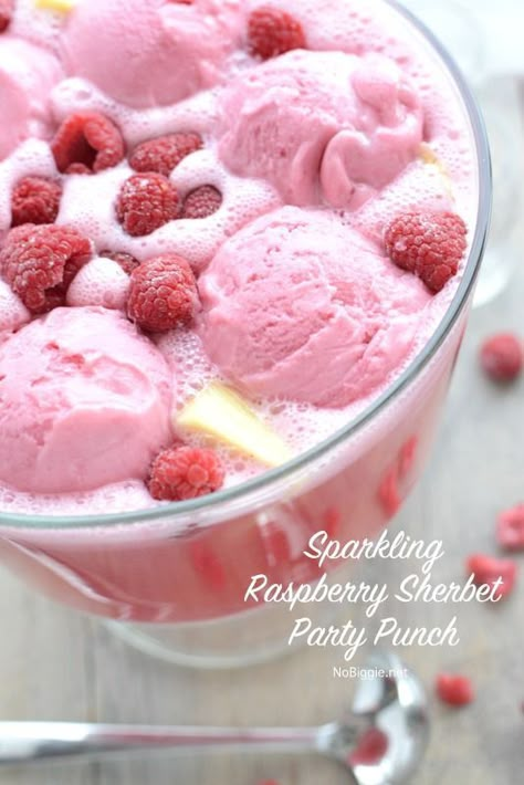 Sparkling Raspberry Sherbet Party Punch perfect for your next bridal shower, baby shower, or big gathering. Punch With Raspberry Sherbert, Spiked Punch With Sherbert, Raspberry Sherbert Punch Recipes, Berry Punch Recipes, Boozy Sherbet Punch, Sherbert Punch Alcoholic, Punch Recipes With Sherbert, Bridal Shower Punch Non Alcoholic, Wedding Shower Punch