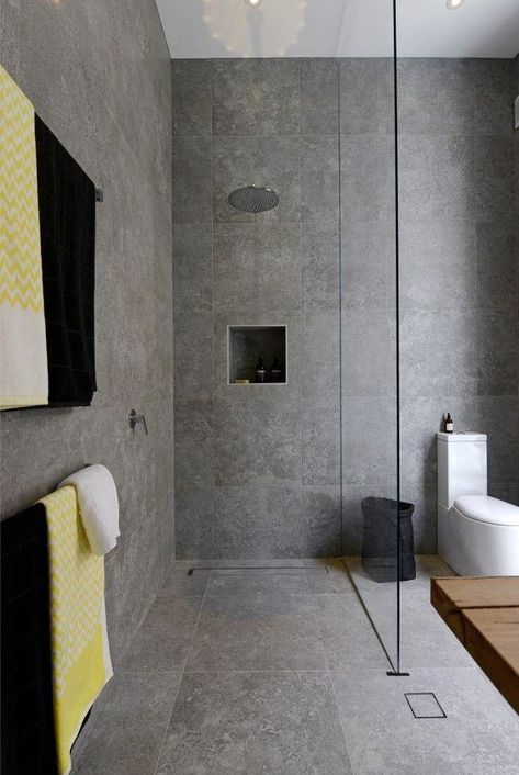 The Block Bathroom, Grey Bathroom Floor, Gray And White Bathroom, Grey Bathroom Tiles, Interior Design Minimalist, White Bathroom Designs, Shower Toilet, Bad Inspiration, Decor Baie