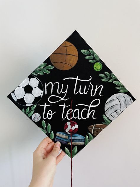 A lovely hand painted grad cap with football, basketball, volleyball, baseball, handball for a sports fan, and not only Physical Education Graduation Cap, Volleyball Graduation Cap, Sports Graduation Cap, Painted Grad Cap, Education Graduation Cap, Graduation Hat Designs, Grad Hat, Grad Caps, Cap Decoration