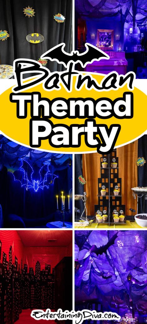 Batman Themed Party | Parties Diy Bat Cave, Adult Batman Party, Batman Backdrop, Adult Superhero Party, Batman Party Ideas, Batman Birthday Party Ideas, Halloween Scene Setters, Batman Party Decorations, Batman Themed Birthday Party