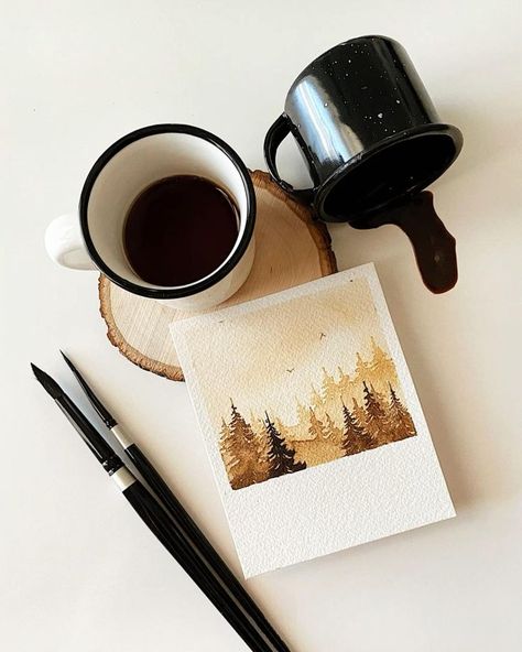 Coffee Art Drawing, Coffee Art Painting, معرض فني, Coffee Watercolor, Coffee Artwork, Monochrome Painting, Coffee Drawing, Coffee Painting, Watercolor Paintings For Beginners