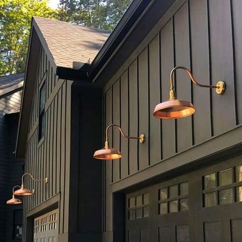 LED Outdoor Raw Copper Gooseneck Barn Light - On Sale - Bed Bath & Beyond - 35992619 Outside Cottage Lights, Exterior Lights Under Eaves, Side Garage Lights, Best Exterior Lights, Cottage Lights Outdoor, Copper Wall Lights Kitchen, Front Porch With Barn Lights, Farm Lights Over Windows, Barn Lights Exterior Solar