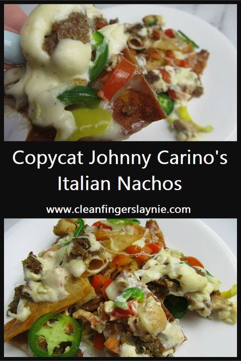 Copycat Johnny Carino's Italian Nachos - Clean Fingers Laynie Italian Nachos Recipe, Johnny Carinos, Italian Nachos, White Queso Recipe, Salsa Guacamole, Banana Peppers, Tailgating Recipes, Homemade Alfredo Sauce, Italian Appetizers