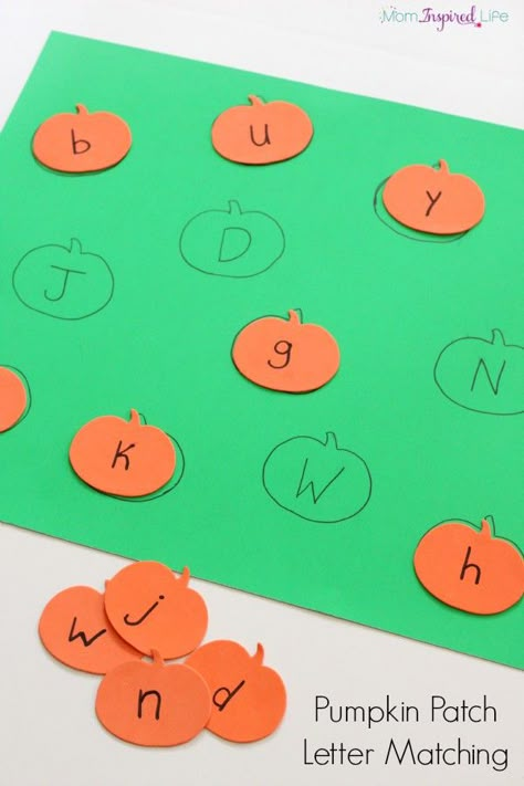 Pumpkin alphabet activity for preschoolers. A fun way to practice letter identification and letter matching. Pumpkin Alphabet, Pumpkins Preschool, Letter Matching Activities, October Activities, Alphabet Activity, Activity For Preschoolers, Pumpkin Activities, Fall Preschool Activities, Preschool Fall