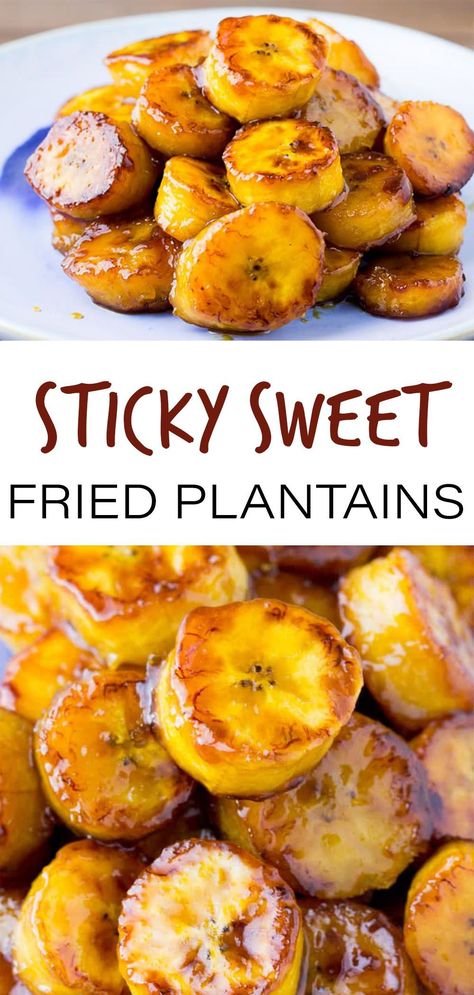 Sticky Sweet Fried Plantains - Plantains are notorious for bringing a taste of the islands to any meal. This easy recipe give you sweet fried plantains that are an extra sweetened up version. They are equally as great as a side dish or as dessert! | #dlbrecipes #plantains #sweetplantains #friedplantains #sweetfriedplantains What To Eat With Plantains, Carmelized Plantain Recipes, Ripe Plantain Recipes Healthy, Maduros Recipe Sweet Plantains, Fried Plantains Sweet, Sweet Plantain Recipes, Plantain Recipes Sweet, Island Desserts, Fried Plantain Recipe