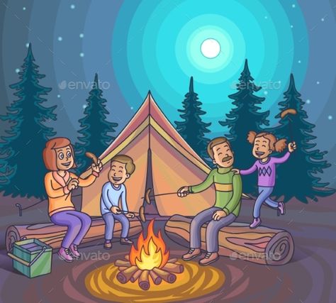 Happy family camping with campfire at night. Vector Illustration. My Happy Family Drawing, Camping Illustration Art, Happy Family Drawing, Campfire Drawing, Camping Cartoon, Camping Illustration, Camping Drawing, Picture Composition, Drawing Competition