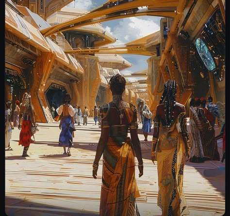 Afro Futurism City, African Desert Aesthetic, Afrofantasy City, African City Concept Art, African Futurism Architecture, Desertpunk Aesthetic, Futuristic African City, Solarpunk Desert, African Utopia