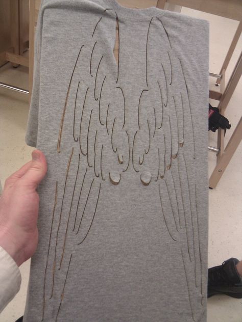 Angel wing laser cut shirt by jayprice6328. Wing Template, Fallen Angel Wings, Wood Angel Wings, Wooden Angel Wings, Family Tree Photo Frame, Christmas Angel Crafts, Owl Wall Decor, Angel Shirt, Unfinished Wood Crafts