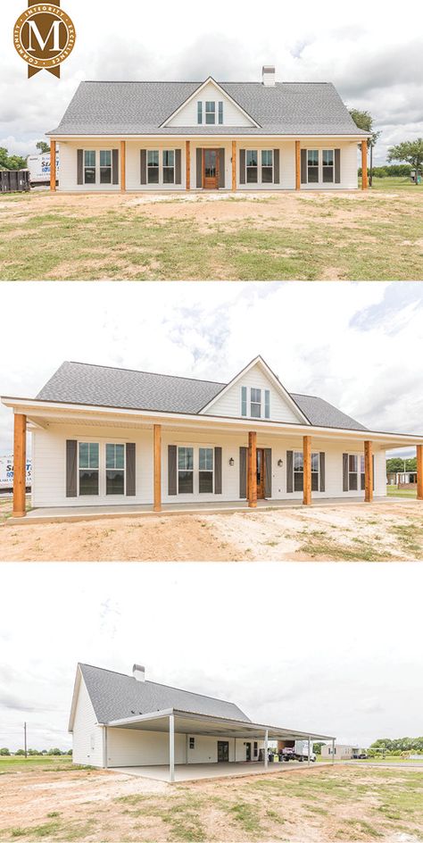 Country Ranch Home Exterior, Full Length Porch, Cheapest Floor Plans To Build, Farm Rustic House, Budget Friendly Farmhouse, Open 4 Bedroom Floor Plans, One Level Home Exterior, Small Ranch Farmhouse Plans, Metal Farmhouse Exterior