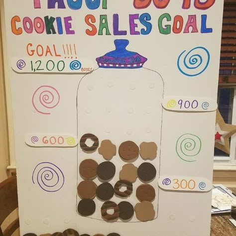 Chart made with foam cookies and velcro Girl Scout Cookie Crafts For Kids, Girl Scout Cookie Goal Setting Activity, Girl Scout Cookie Goal Tracker, Girl Scout Cookie Rally Activities, Girl Scout Booth Ideas, Christmas Relationship Goals, Girl Scout Cookie Booth Ideas, Christmas Relationship, Girl Scout Brownies Meetings